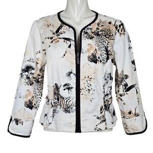 Joseph Ribkoff Women's Safari Leopard Zebra Print Two-Way Zip Blazer White 12